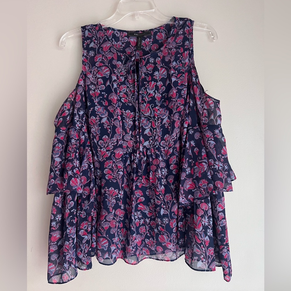 BCBGMaxAzria Navy and Pink Floral Blouse